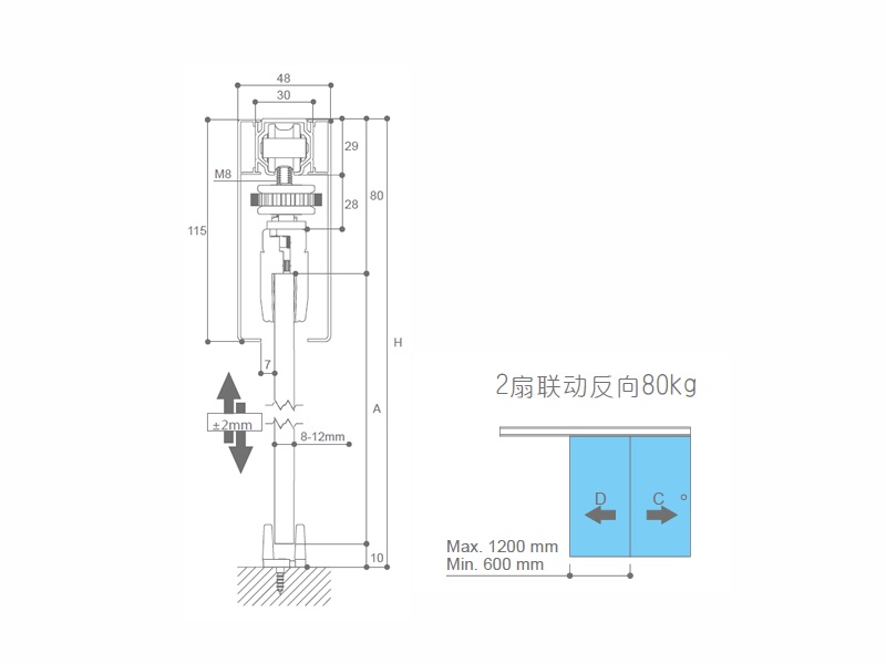 80kg 2L Symmetric System Sliding Door Fitting for Glass