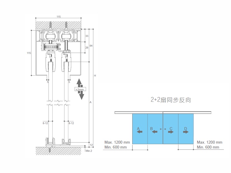 80kg 2+2L Telescopic System Sliding Door Fitting for Wooden